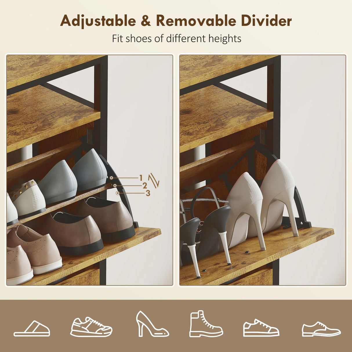 HOMCOM Shoe Storage Cabinet with 4 Flip Drawers and Open Shelf - Rustic Brown