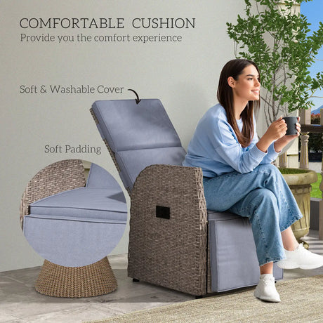 Outsunny 148 Reclining Rattan Garden Armchair, with Footrest - Brown/Grey