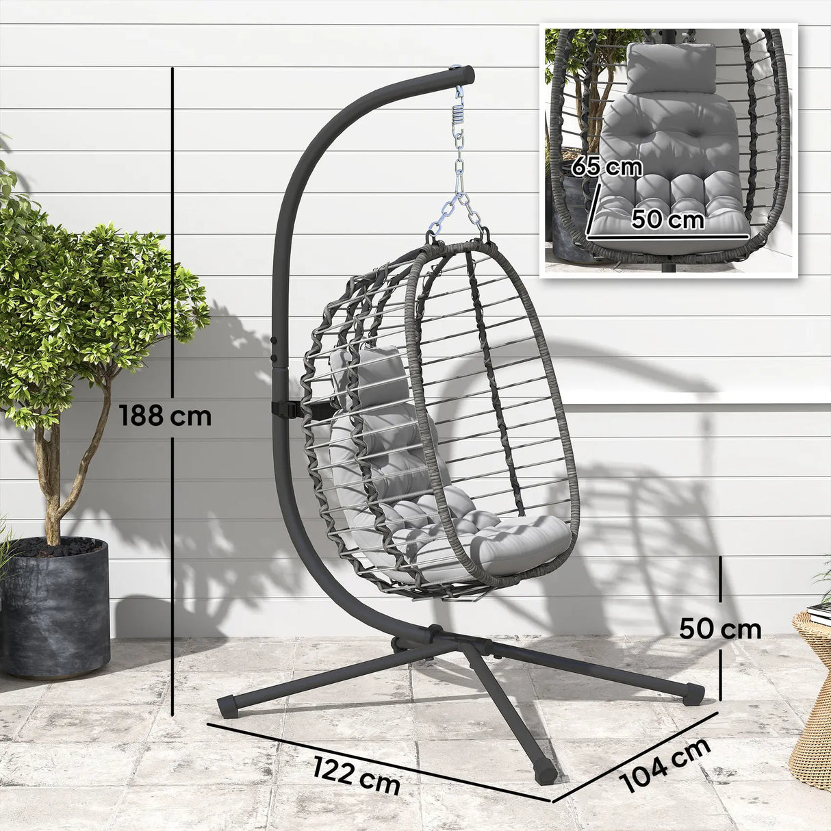 Outsunny Rattan Hanging Egg Chair, Foldable Wicker Hammock Swing Chair with Cushion, Stand, Adjustable Height, Head Pillow, Steel Frame for Garden Patio Indoor Outdoor, Light Grey