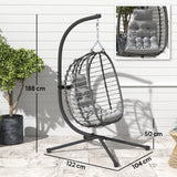 Outsunny Rattan Hanging Egg Chair, Foldable Wicker Hammock Swing Chair with Cushion, Stand, Adjustable Height, Head Pillow, Steel Frame for Garden Patio Indoor Outdoor, Light Grey