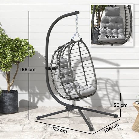 Outsunny Rattan Hanging Egg Chair, Foldable Wicker Hammock Swing Chair with Cushion, Stand, Adjustable Height, Head Pillow, Steel Frame for Garden Patio Indoor Outdoor, Light Grey