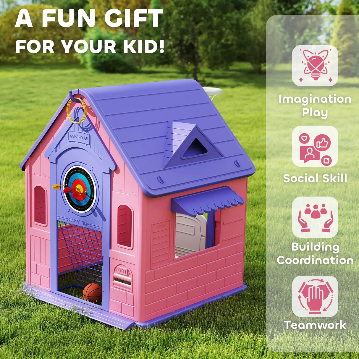 AIYAPLAY 5-in-1 Playhouse for Kids Outdoor Indoor with Basketball Hoop, Football Goal, Dartboard, Ring Toss for 2-5 Years, Pink