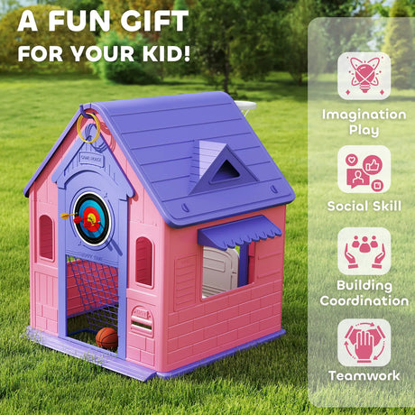 AIYAPLAY 5-in-1 Playhouse for Kids Outdoor Indoor with Basketball Hoop, Football Goal, Dartboard, Ring Toss for 2-5 Years, Pink