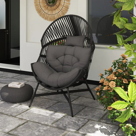 Outsunny Rattan Egg Chair, Oversized Freestanding Garden Egg Chair with Thick Tufted Cushion, Headrest, Steel Frame for Indoor and Outdoor Use, Charcoal Grey