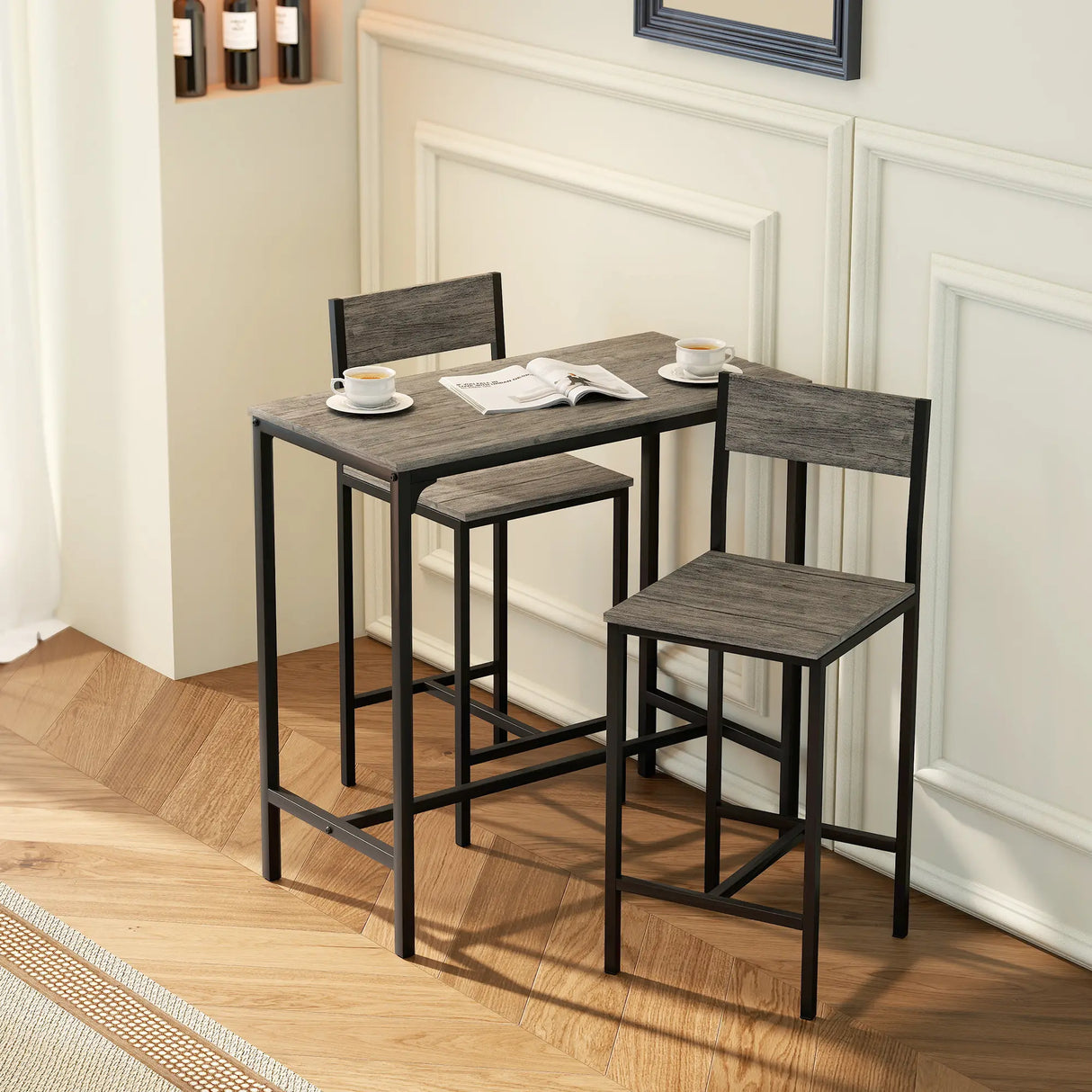 HOMCOM 3-Piece Bar Table Set with 2 Stools, Industrial Breakfast Bar Set with Footrest, Backrest for Dining Room, Small Space