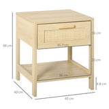 HOMCOM Bedside Table, Nightstand with Rattan Drawer and Storage Open Shelf, Farmhouse Side Table for Bedroom, Living Room, Set of 2