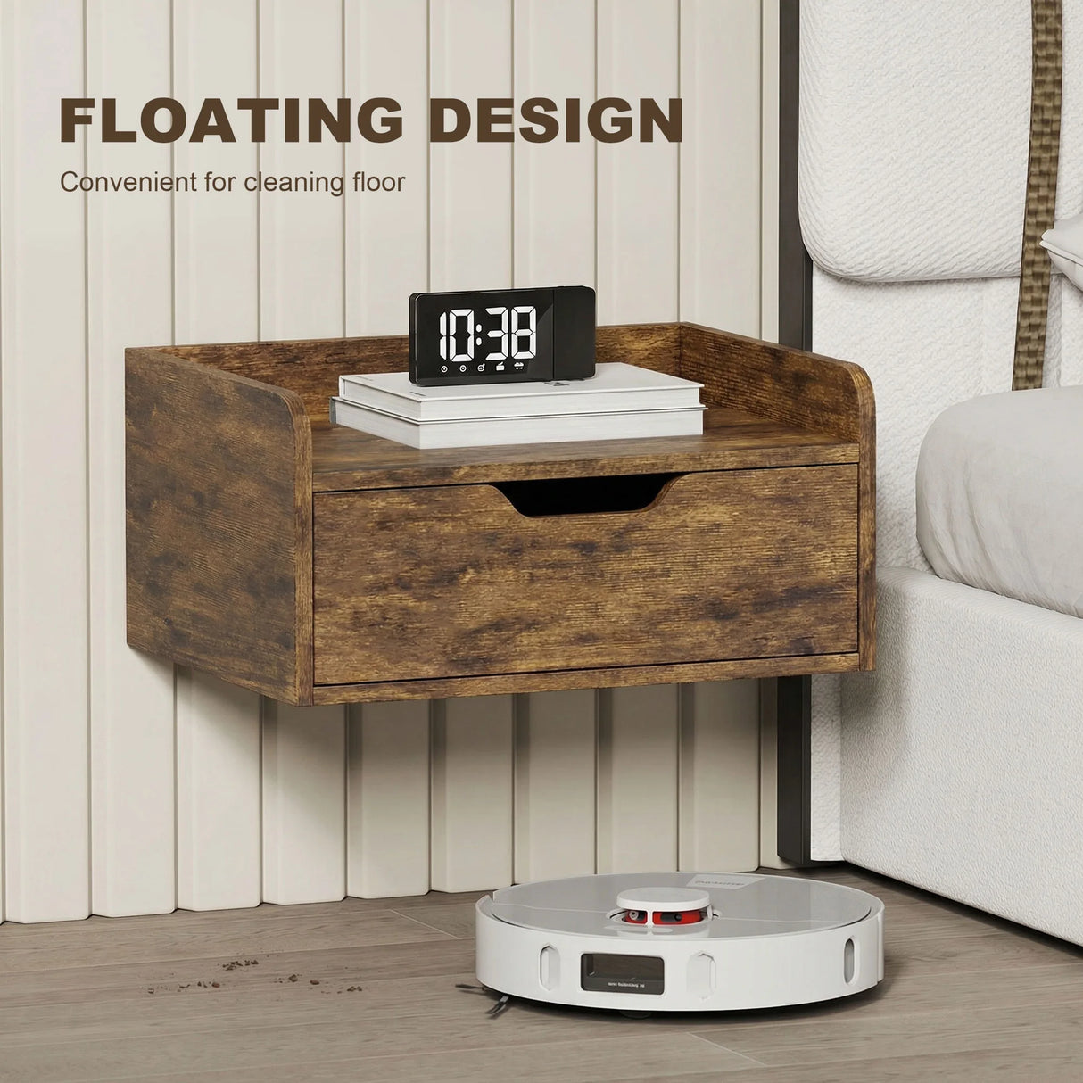 HOMCOM Floating Nightstands Set of 2, Wall Mounted Bedside Table with Drawer for Bedroom, Rustic Brown