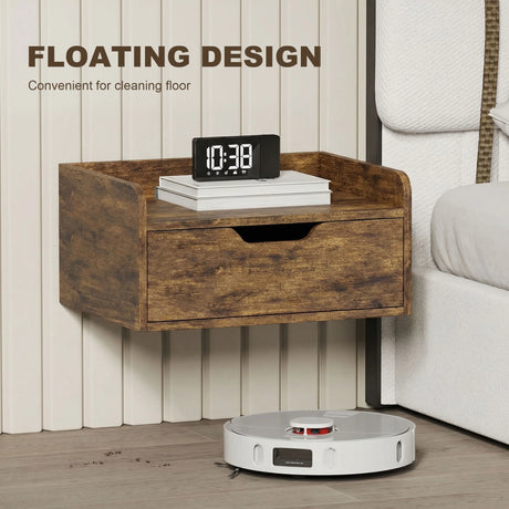 HOMCOM Floating Nightstands Set of 2, Wall Mounted Bedside Table with Drawer for Bedroom, Rustic Brown