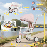 AIYAPLAY 5 in 1 Kids Trike with Adjustable Backrest, Toddler Tricycle with Push Handlebar, Adjustable Backrest, Pink