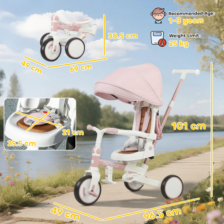 AIYAPLAY 5 in 1 Kids Trike with Adjustable Backrest, Toddler Tricycle with Push Handlebar, Adjustable Backrest, Pink