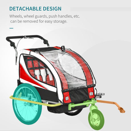 HOMCOM Child Bike Trailer Baby Bicycle Trailer 360° Rotatable for 2 Kids with Steel Frame LED Hitch Coupler Red