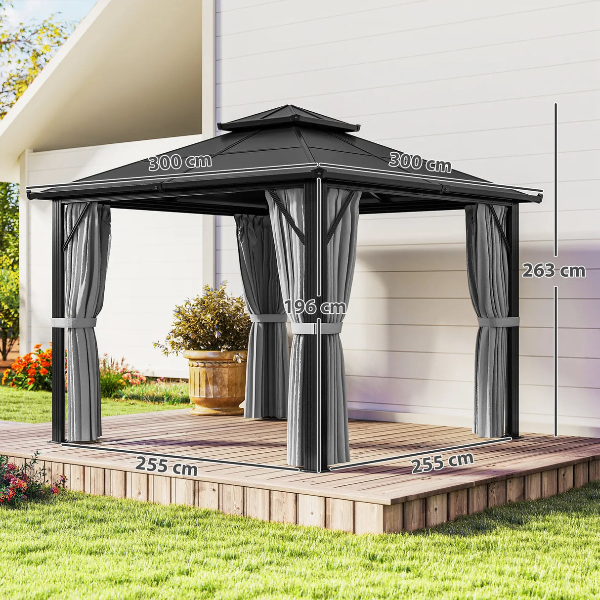 Outsunny 3 x 3(m) Hardtop Gazebo Canopy with UPF30+ Double Polycarbonate Roof, Aluminium Frame Garden Gazebo Permanent Pavilion with Mosquito Netting and Curtains for Patio, Deck, Grey