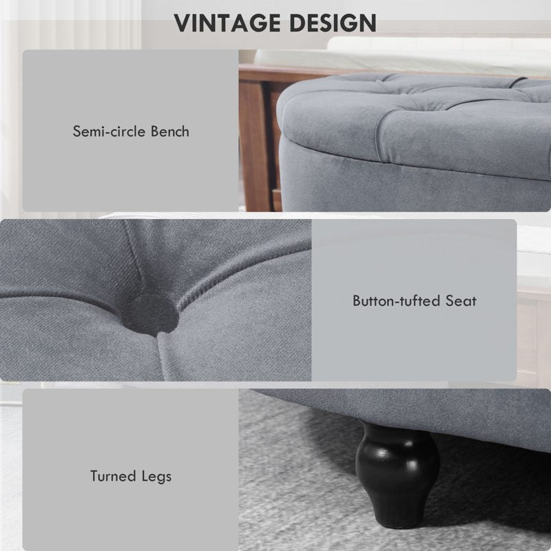 HOMCOM Velvet-Feel Half Circle Storage Ottoman - Dark Grey