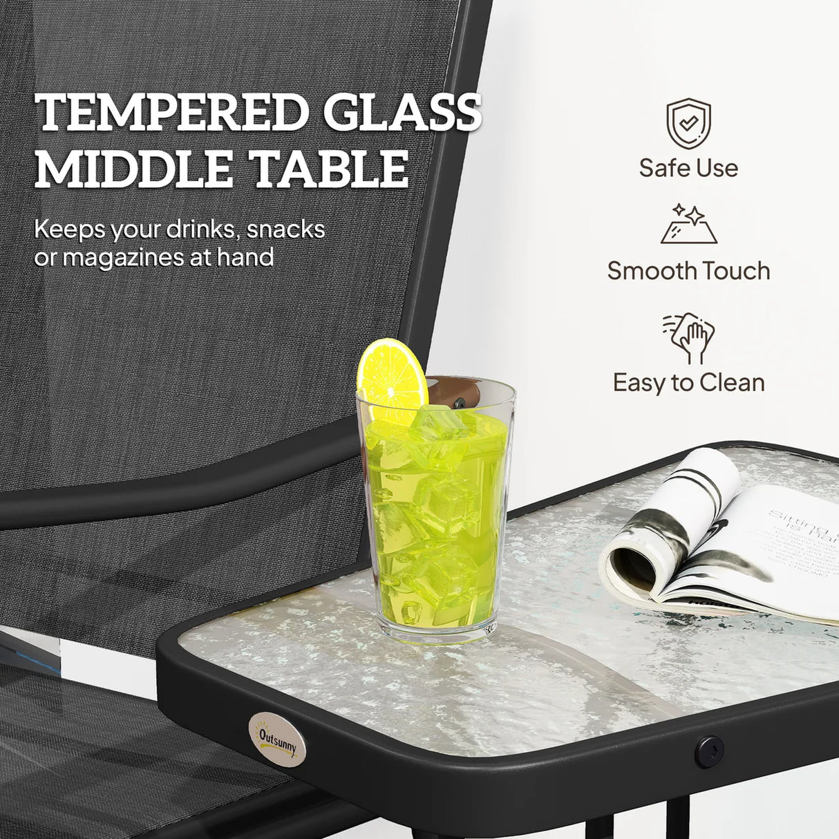 Outsunny Gliding Jack and Jill Seat, with Glass-Top Table - Black