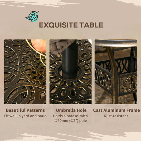 Outsunny 5-Piece Outdoor Furniture Dining Set, Cast Aluminum Conversation Set Includes 4 Chairs and 90cm Round Table with 50mm Umbrella Hole for Patio Garden Deck, Flower Design