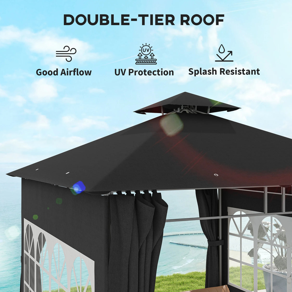 Outsunny 3 x 3 m Garden Gazebo, Double Roof Metal Gazebo with Removable Sidewalls and Church Windows, Outdoor Canopy Shelter, Black