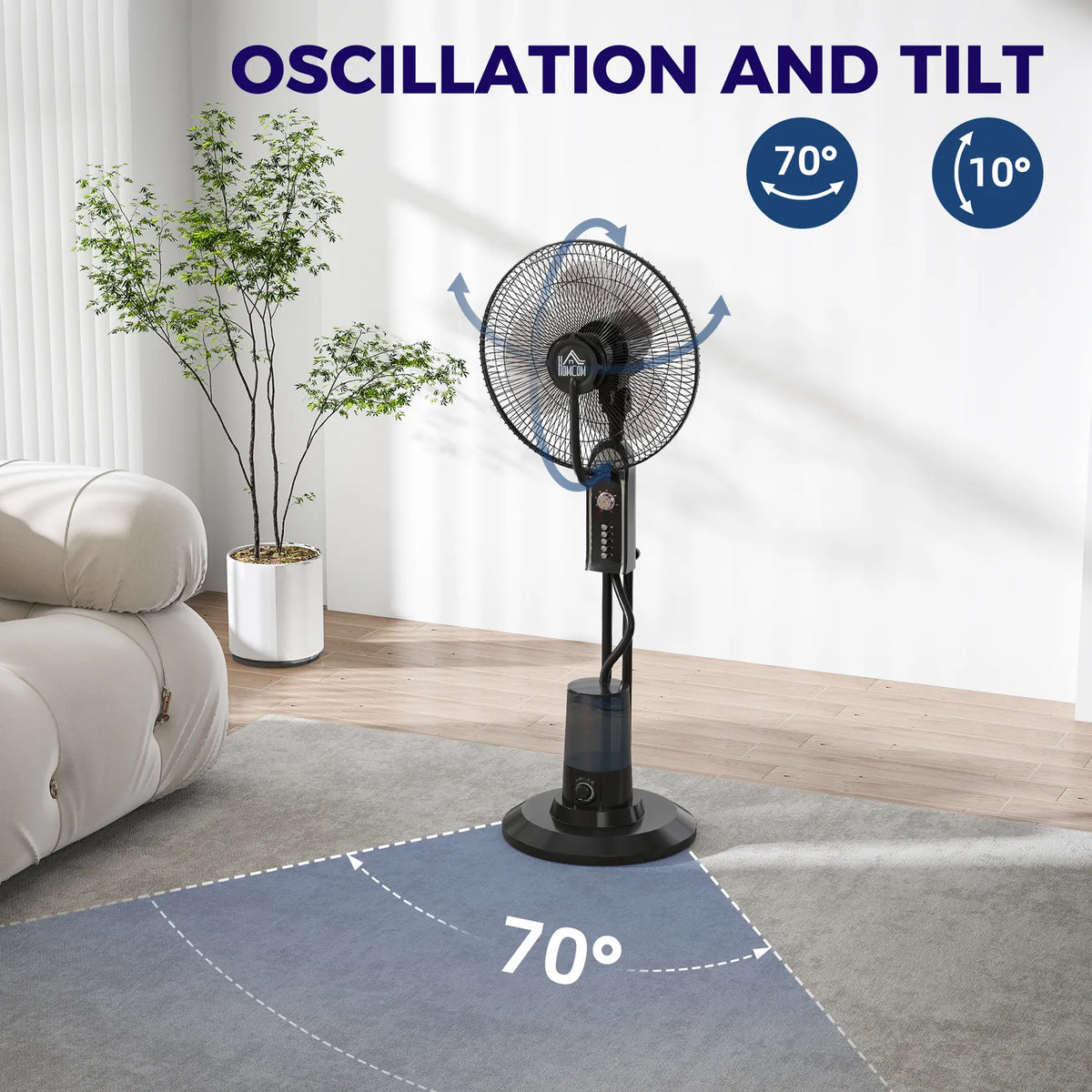 HOMCOM Pedestal Fan with Water Mist Spray, Spray Misting Fan with 70 Oscillation, Tilt Head, 3 Speeds, 3 Modes, Adjustable Mist, 3.2L Water Tank, for Home, 120 cm