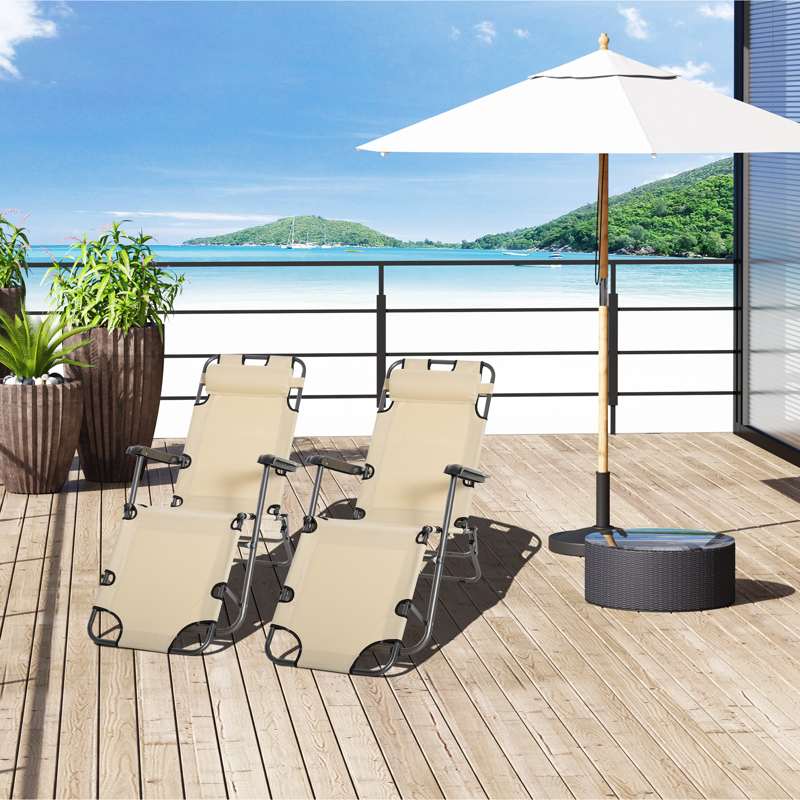 Outsunny 2 Pieces 2 in 1 Sun Lounger Folding Reclining Chair Garden Outdoor Camping Adjustable Back with Pillow, Beige