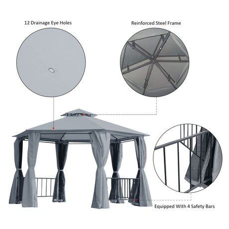 Outsunny 3 x 3(m) Hexagon Gazebo Patio Canopy Party Tent Outdoor Garden Shelter w/ 2 Tier Roof & Side Panel - Grey