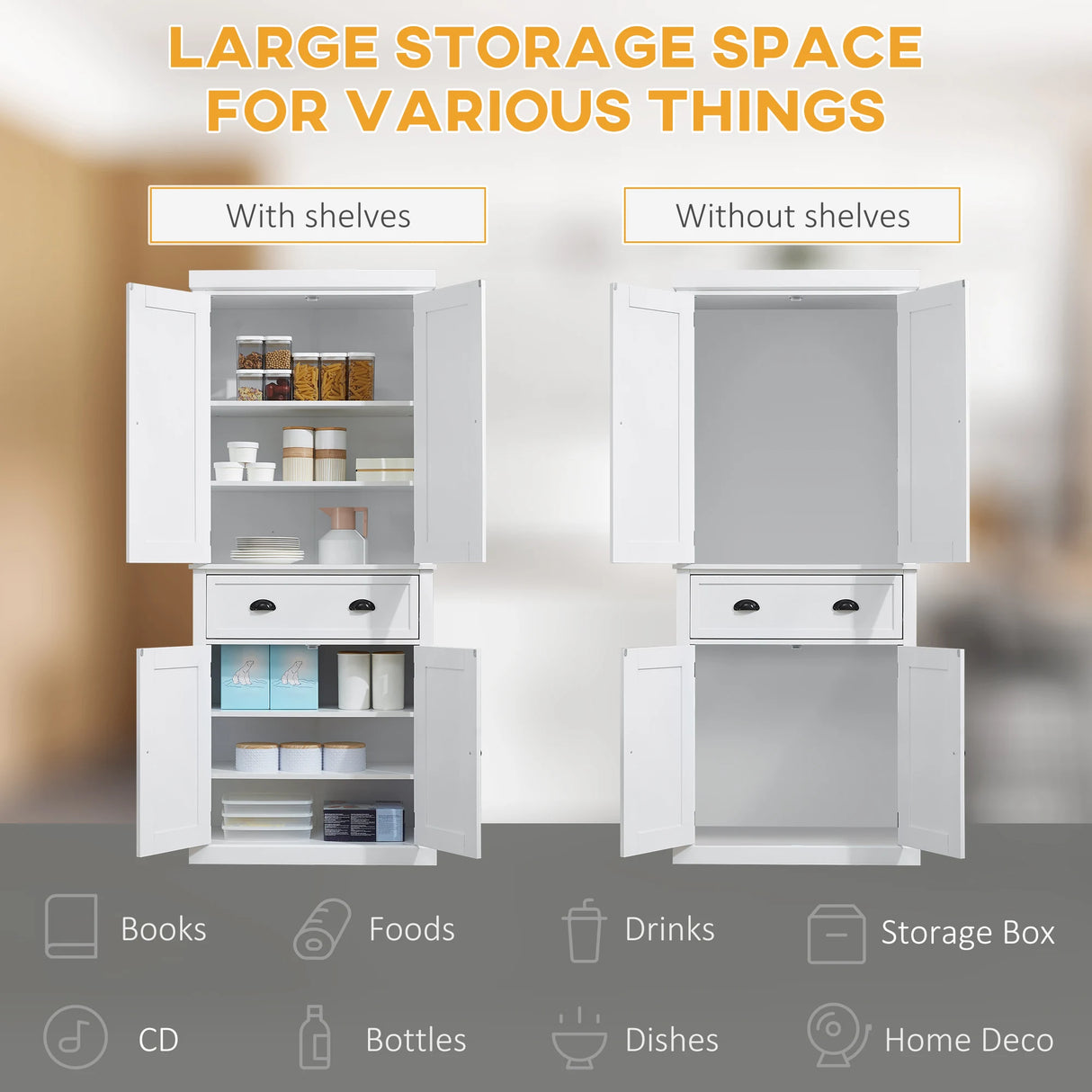 HOMCOM Freestanding Kitchen Cupboard, 184cm Tall Storage Cabinet with Doors and Shelves, Traditional Colonial 4-Door Kitchen Pantry Cupboard with Drawer, White