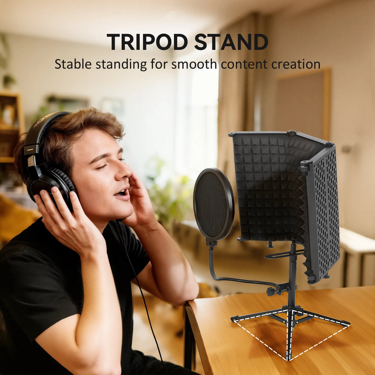 HOMCOM Studio Microphone Isolation Shield with Pop Filter and Tripod Stand, Foldable Adjustable Recording Studio Equipment, 3-Panel High Density Absorbent Foam Shield with 3/8" Threaded Mount, Black