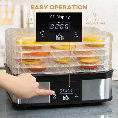 HOMCOM 5 Tier Food Dehydrator, 245W Stainless Steel Food Dryer Machine with Adjustable Temperature, Timer and LCD Display for Drying Fruit, Meat, Vegetable, Jerky and Pet Treat, Black