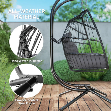 Outsunny Rattan Double Hanging Egg Chair with Stand, Foldable Wicker Swing Egg Chair with Cushion, Head Pillows, Steel Frame, Hammock Chair for Indoor Outdoor, Capacity 260 kg, Dark Grey