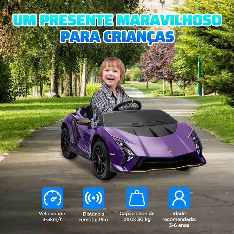 AIYAPLAY 12V Lamborghini Autentica Licensed Kids Electric Car with Remote Control, 4 Suspension Wheels, Soft Start, Purple