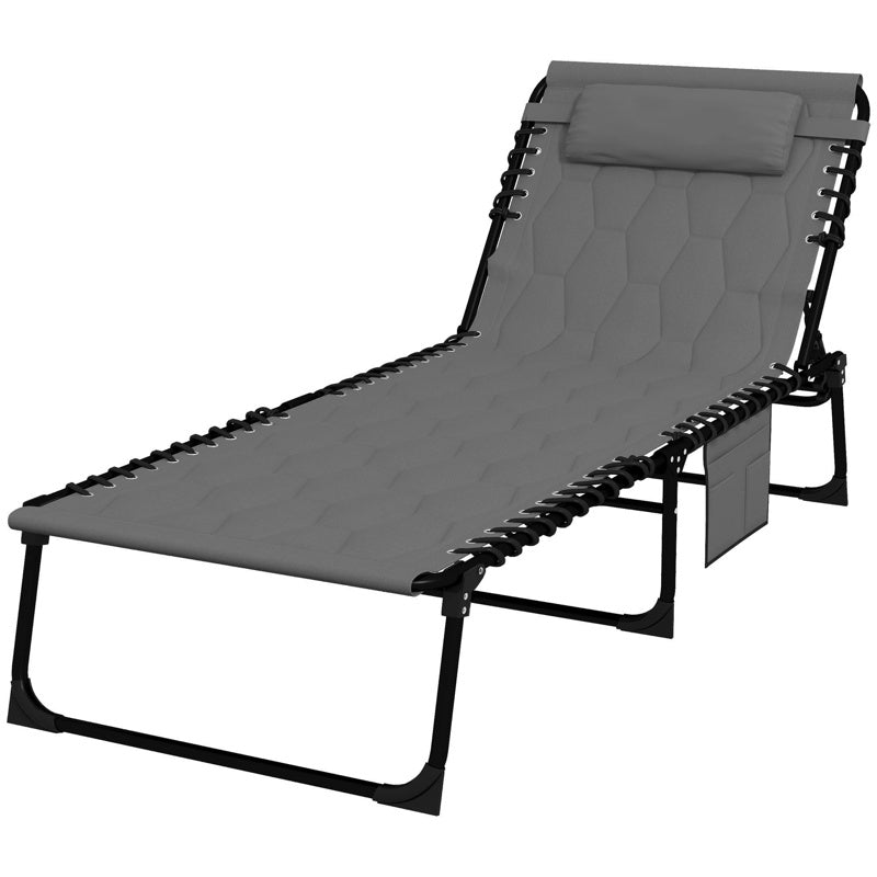 Outsunny Foldable Sun Lounger with 5-level Reclining Back, Outdoor Tanning Chair Sun Lounger with Build-in Padded Seat, Side Pocket, Headrest for Beach, Yard, Patio, Grey