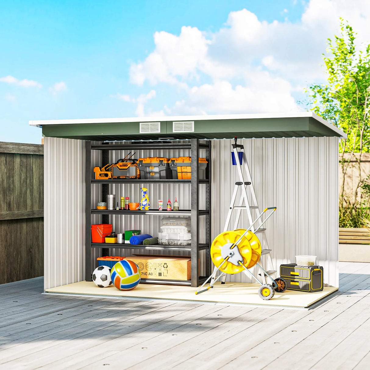 Outsunny 9ft x 4ft Metal Garden Shed, Outdoor Tool House with Foundation Kit, Ventilations and Double Doors, Light Green