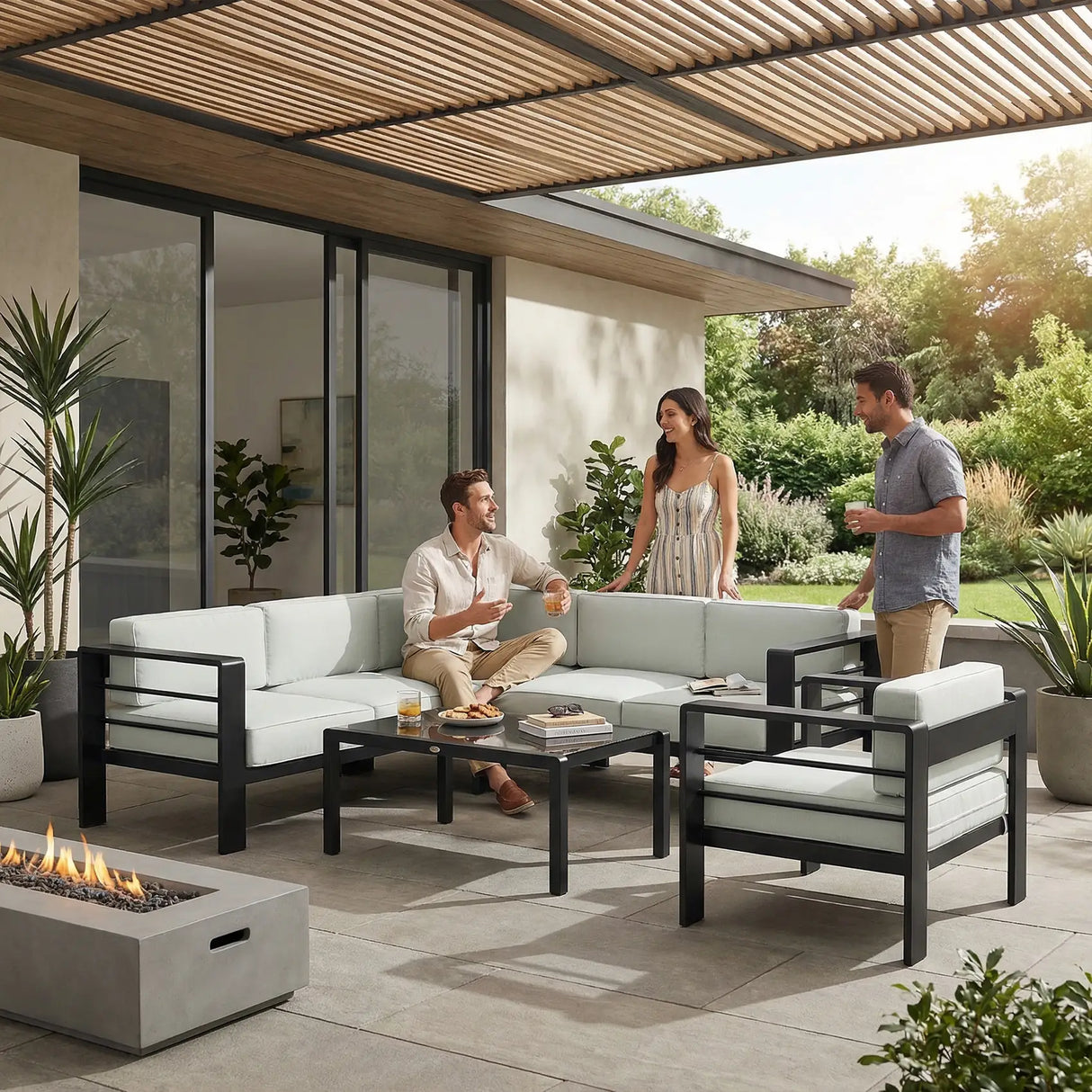 Outsunny 5-Piece Garden Corner Sofa Set with Cushions, 6 Seater Aluminium Garden Furniture Set with Coffee Table, Light Grey