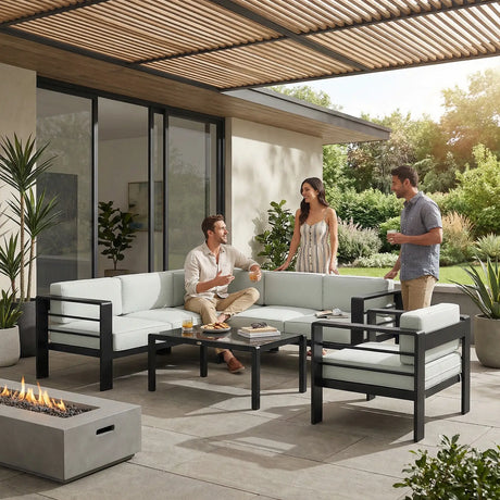 Outsunny 5-Piece Garden Corner Sofa Set with Cushions, 6 Seater Aluminium Garden Furniture Set with Coffee Table, Light Grey