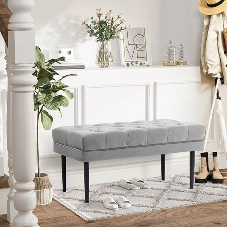 HOMCOM Velvet Bed End Bench, Button Tufted Window Seat, Hallway Shoe Bench, Upholstered Accent Lounge Chair Stool for Living Room, Bedroom, Grey