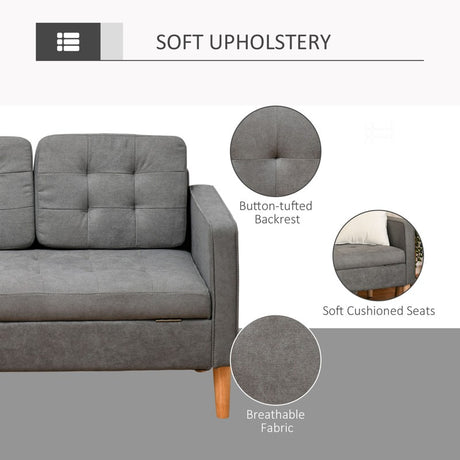 HOMCOM Modern 3 Seater Sofa with Hidden Storage, 169cm Tufted Cotton Couch with Wood Legs, Compact Sofa for Living Room, Grey