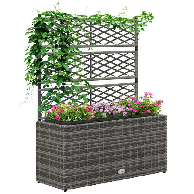 Outsunny 33L Garden PE Rattan Planter with Trellis, Free Standing Flower Raised Bed for Garden, Garden Planter for Climbing Plants, 84cm x 30cm x 107cm, Light Grey