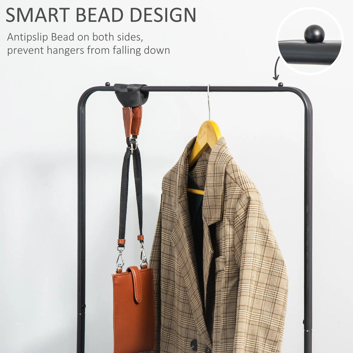 HOMCOM Metal Clothes Rack with Shoe Storage, Clothing Rail on Wheels, Freestanding Hall Tree, Coat Stand with 2 Storage Shelf, Black