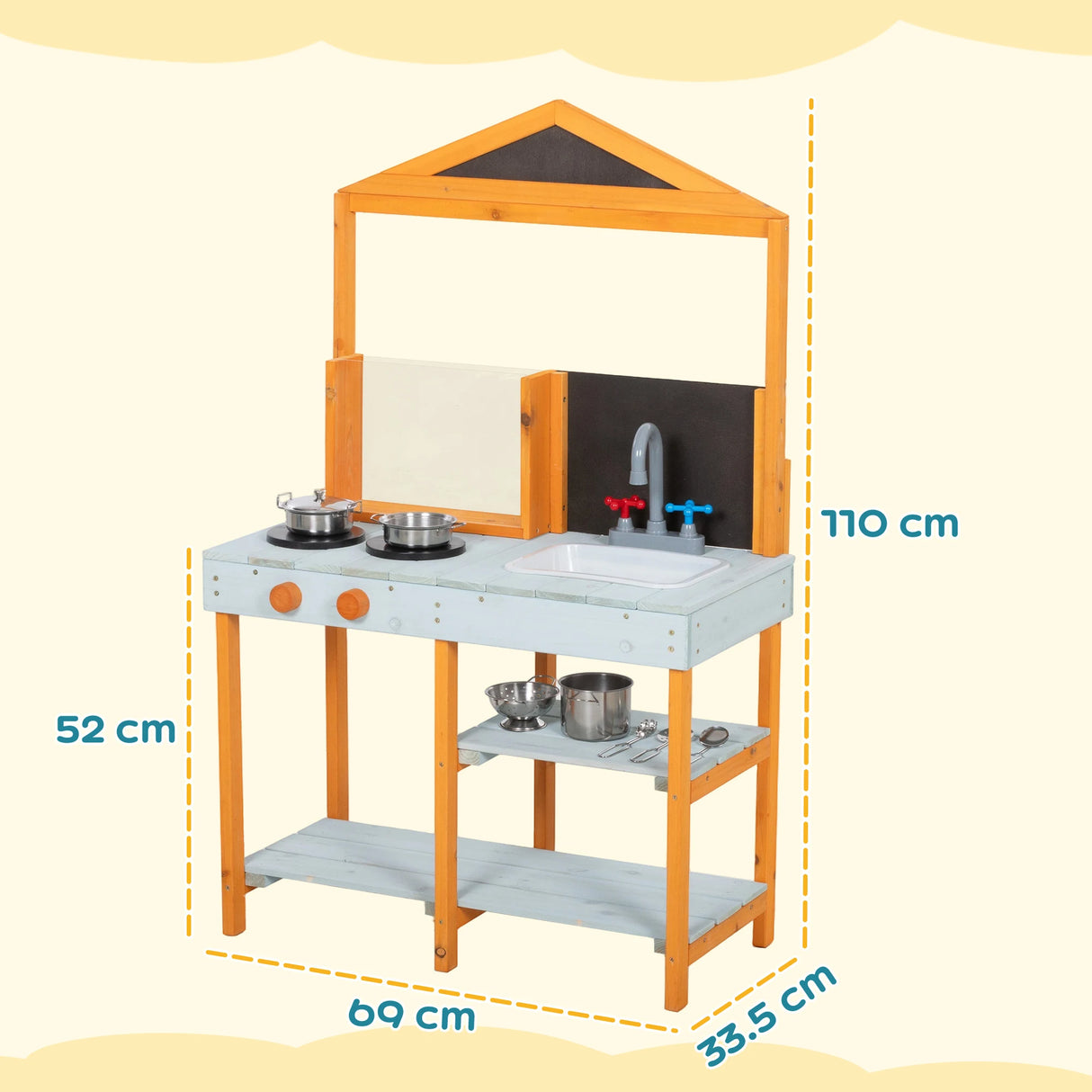 AIYAPLAY Mud Kitchen for Kids, Outdoor Wooden Play Kitchen with Sink, Stove, Cookware, Shelves, Pretend Play Toy for Ages 3-8