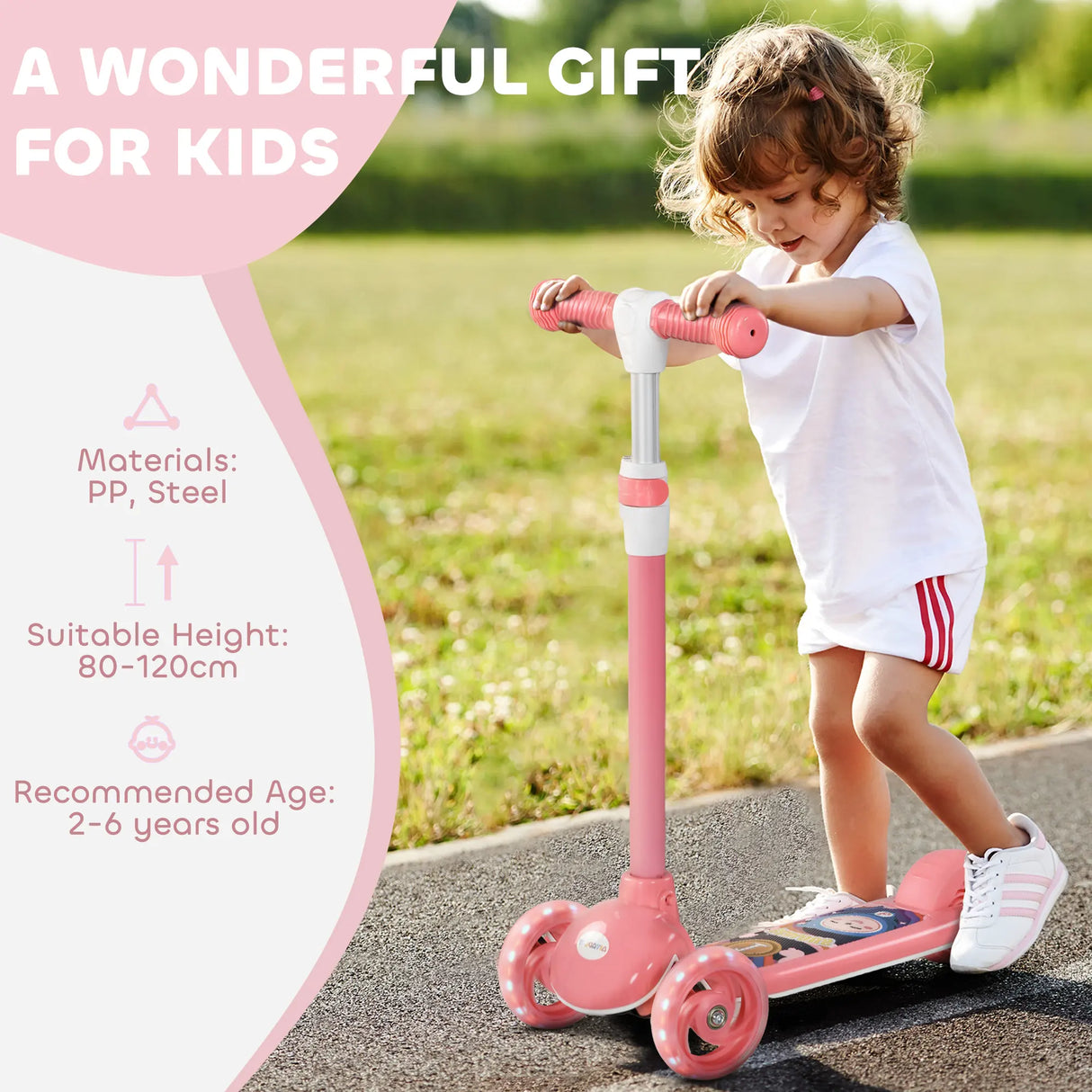AIYAPLAY Kids 3 Wheel Scooter for 2-6 Years Old w/ Adjustable Height, LED Light, TPE Handlebar, Pink