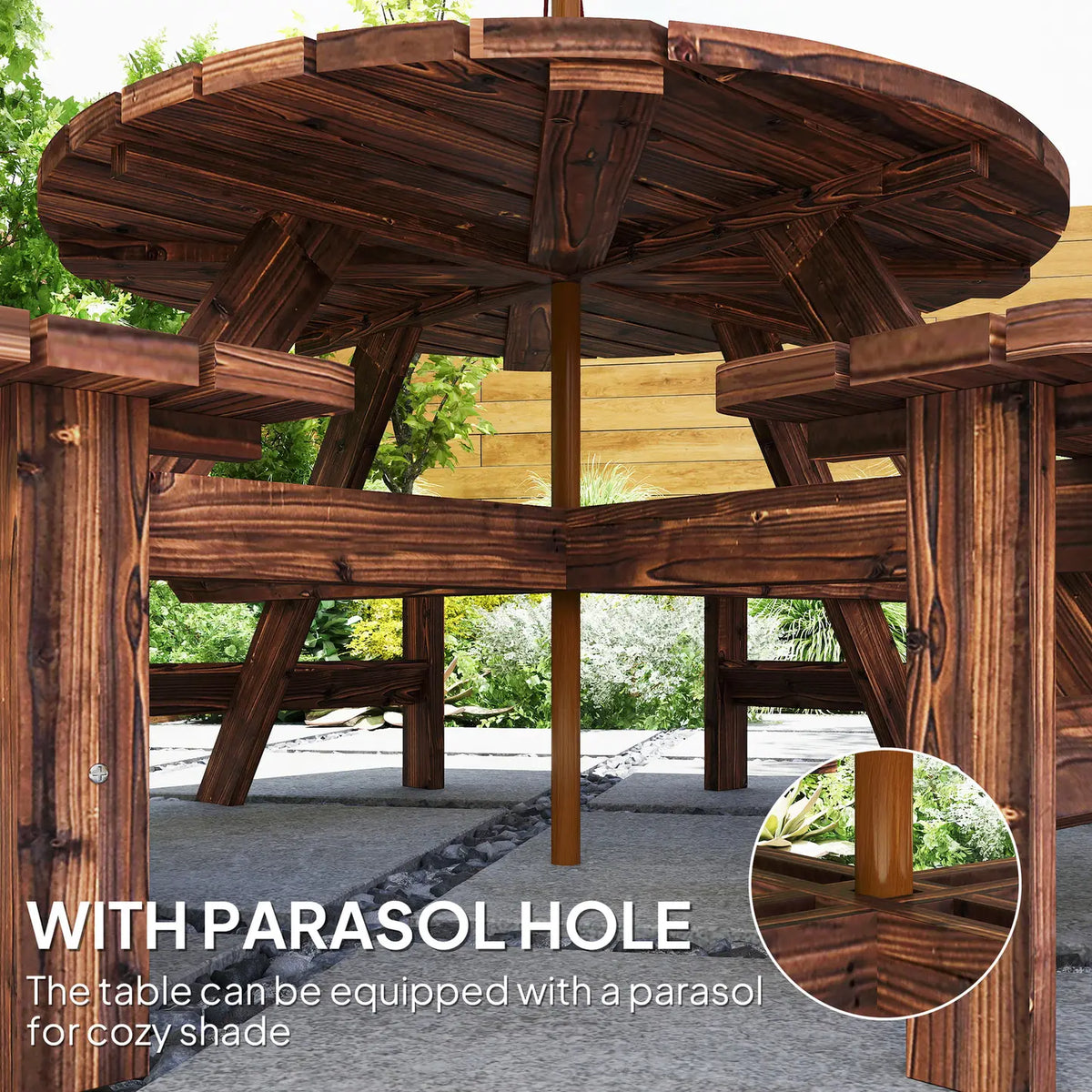Outsunny Wooden Garden Dining Set, 8 Seater Patio Furniture Set with Round Picnic Table, Parasol Hole for Outdoor Garden, Tan