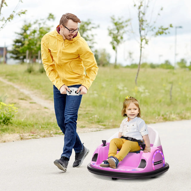 AIYAPLAY 360 Rotation Kids Bumper Car, 12V Waltz Car with Remote Control, Dual Joystick, Music, Lights, Pink