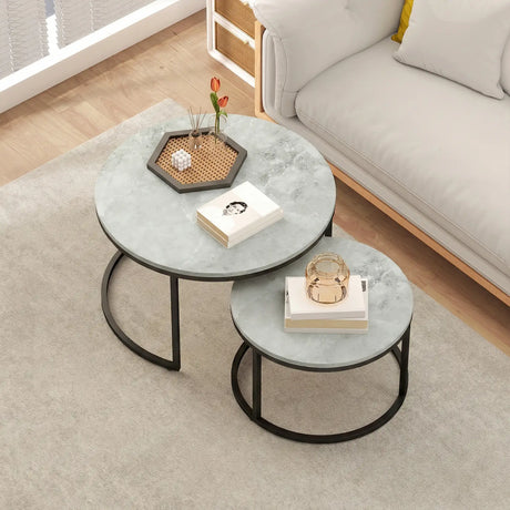 HOMCOM Set of Two Marble-Effect Stacking Tables - Grey