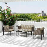Outsunny 4 Piece Metal Garden Furniture Set with Tempered Glass Coffee Table, Texteline Pocket, Outdoor Set Loveseat Single Armchairs with Padded Cushions, Khaki