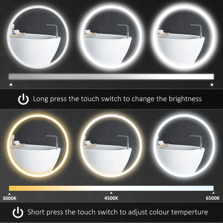 kleankin Round Bathroom Mirror with LED Lights, Wall Mount Dimmable Makeup Mirror with 3 Temperature Colours, Defogging Film and Memory Function, Frameless, Hardwired, 70 x 70 cm
