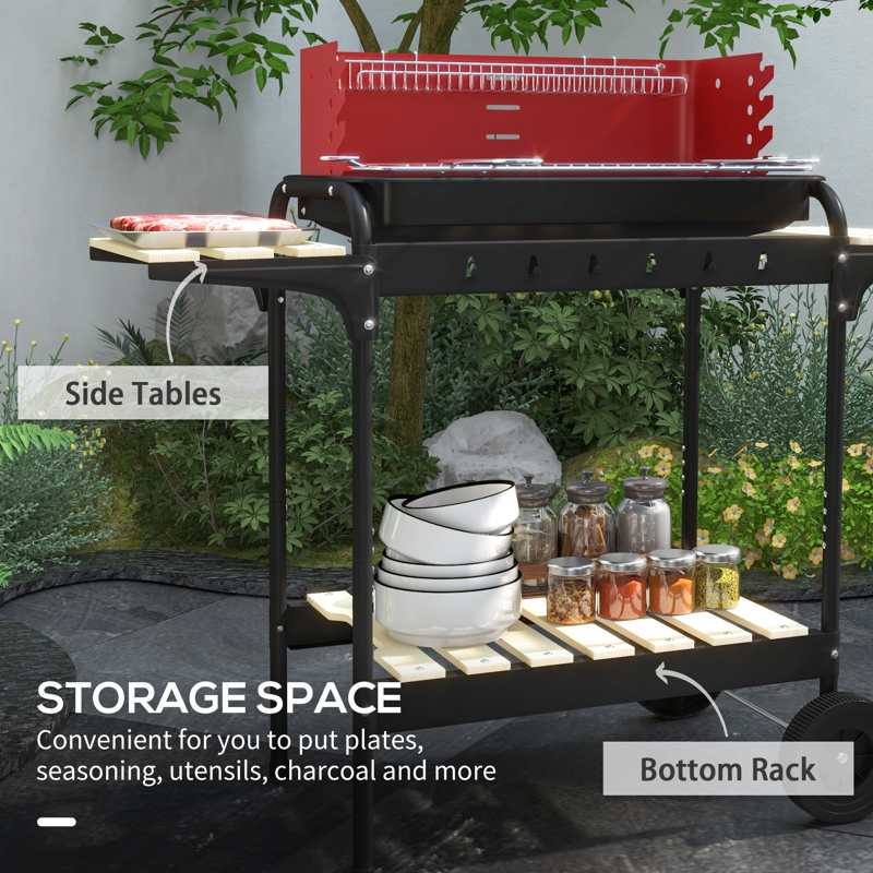 Outsunny Charcoal BBQ, with Five Position Grill Grate - Red