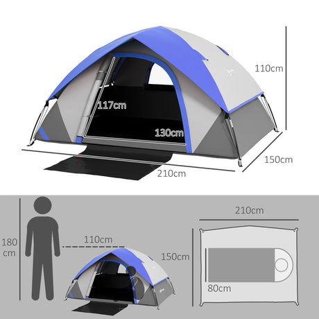 Outsunny Two Man Single Room Dome Tent, with Accessories - Dark Blue/Grey