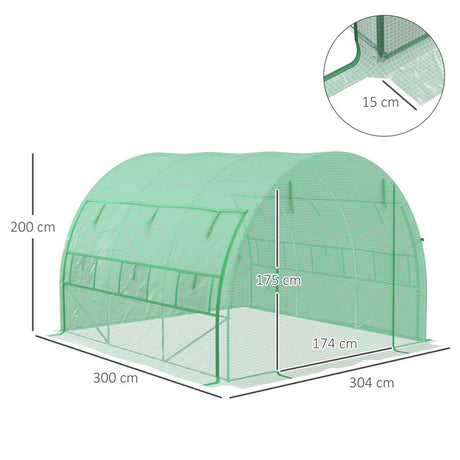 Outsunny Polytunnel Greenhouse Walk-in Grow House Tent with Roll-up Sidewalls, Zipped Door and 6 Windows, 3x3x2m Green