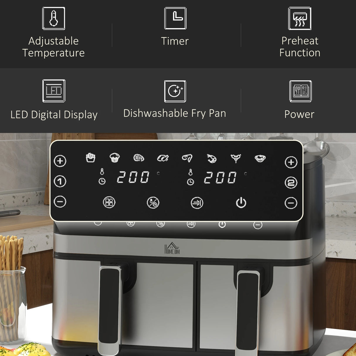 HOMCOM 8.5L Dual Basket Air Fryer, with Sync and Multi-Menu Cooking