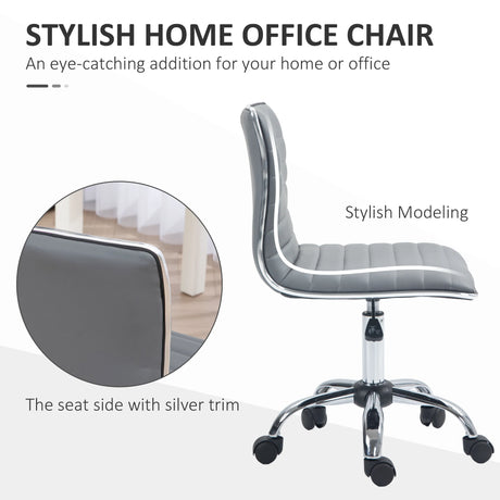 HOMCOM Armless Task Desk Chair, Swivel Office Chair with Faux Leather, Adjustable Seat Height, Chrome Base, Wheels for Home, Light Grey