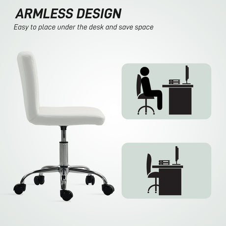 HOMCOM PU Leather Armless Office Chair, Modern Vanity Computer Swivel Chair with Rolling Wheels and Adjustable Height for Home Study, Bedroom, White