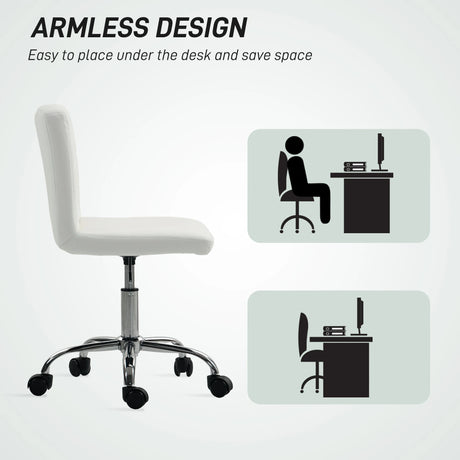 HOMCOM PU Leather Armless Office Chair, Modern Vanity Computer Swivel Chair with Rolling Wheels and Adjustable Height for Home Study, Bedroom, White